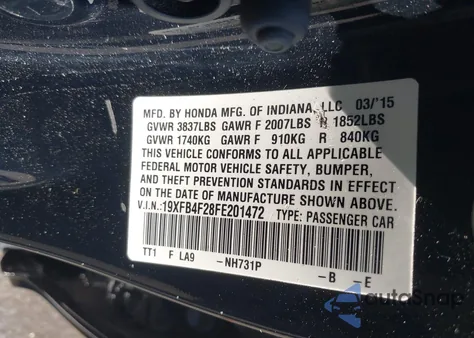 2015 Honda Civic Hybrid z USA, uszkodzony, nr VIN 19XFB4F28FE201472